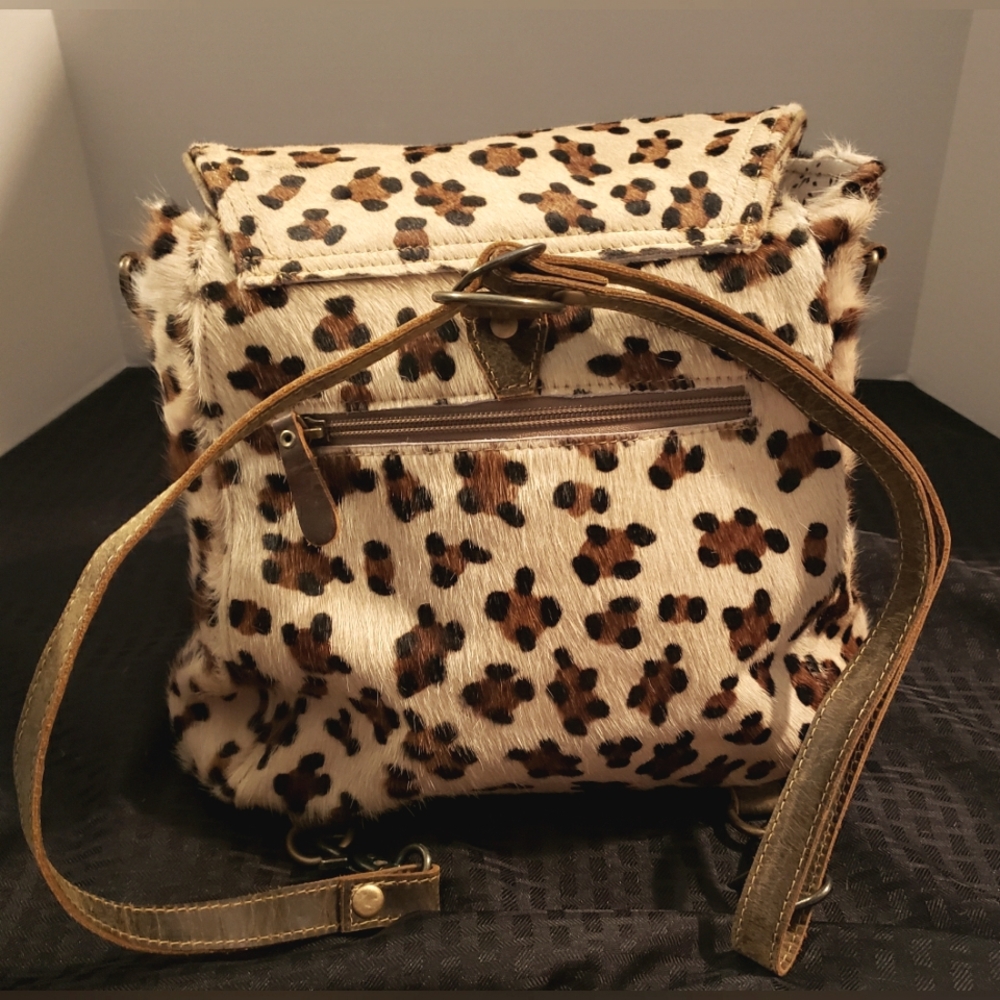 Myra Bag Cowhide Leopard Print Genuine Leather Accents Bag Brown Black - Picture 5 of 16